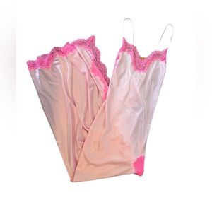 Skims Pink Satin Slip Chemise Maxi Dress With Hot Pink Lace Trim Size XS